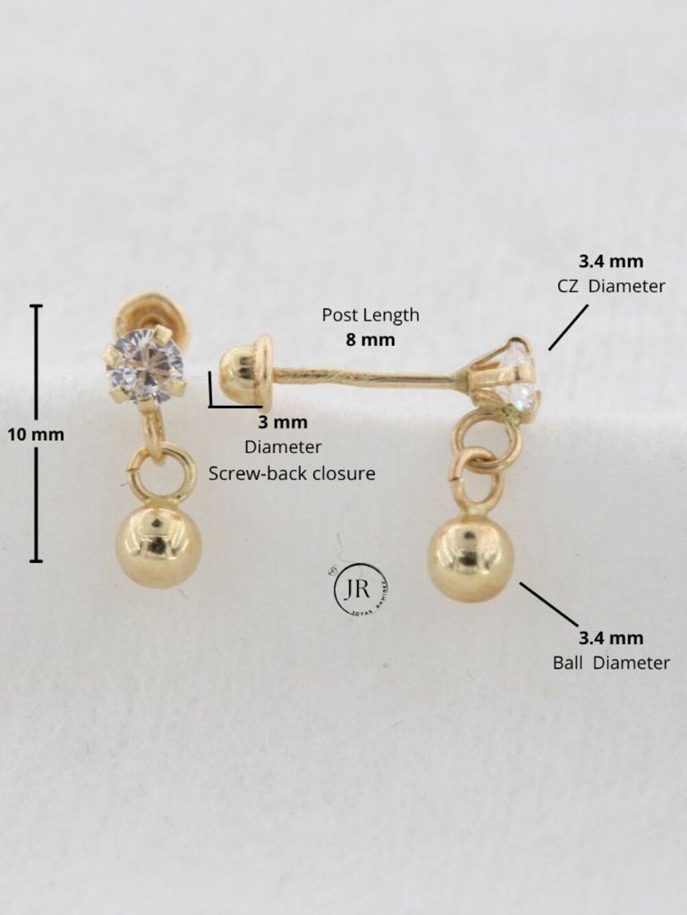14K Solid Gold Dangle Drop Earrings • Cubic Zirconia Studs with Hanging Ball - Picture 5 of 6